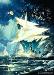 Rule 34 | amehatobook, claws, commentary request, creatures (company), cutiefly, eye contact, game freak, gen 3 pokemon, gen 7 pokemon, glowing, highres, looking at another, looking up, manectric, mega manectric, mega pokemon, nintendo, no humans, open mouth, pokemon, pokemon (creature), red eyes, river, rock, standing, tree, water, watermark