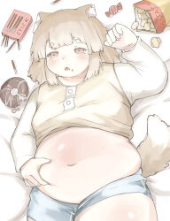 Rule 34 | 1girl, acorn12 o, animal ear fluff, animal ears, belly, belly grab, blue shorts, blunt bangs, blush, breasts, brown eyes, brown tail, buttons, candy, cat ears, cat girl, cat tail, chips (food), clothes lift, commentary request, commission, cowboy shot, crumbs, dot nose, doughnut, english text, fat, food, food on face, highres, light brown hair, long sleeves, looking at viewer, lying, medium hair, navel, on back, original, pocky, potato chips, shadow, shirt, shirt lift, short eyebrows, short shorts, shorts, skeb commission, small breasts, solo, t-shirt, tail, tareme, thick eyebrows, thick thighs, thighs, yellow shirt
