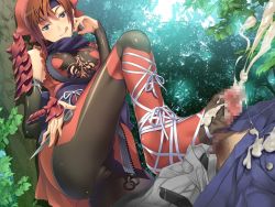 Rule 34 | 1girl, ass, ayataka shizune, bike shorts, blue eyes, breasts, brown hair, cameltoe, censored, cum, cum on body, cum on clothes, cum on lower body, ejaculation, feet, footjob, forest, game cg, legs, looking at viewer, nature, naughty face, ninja, no shoes, penis, samurai hormone, smile, suzuki mei, thighs, toes, tongue, tree