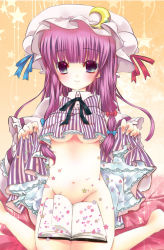 Rule 34 | 1girl, bad id, bad pixiv id, bed sheet, blue eyes, book, bow, breasts, clothes lift, dress, dress lift, groin, hair bow, hair ribbon, hat, ichiru (yuzu-an), long hair, looking at viewer, mob cap, navel, nook, patchouli knowledge, purple hair, ribbon, sitting, smile, solo, touhou, underboob