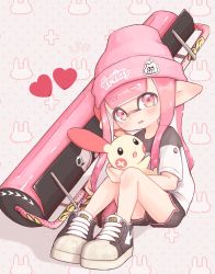 Rule 34 | 1girl, artist name, beanie, black footwear, black shorts, blunt bangs, carbon roller (splatoon), commentary, company connection, creatures (company), crossover, dolphin shorts, game freak, gen 3 pokemon, hat, heart, highres, holding, holding pokemon, holding weapon, inkling, inkling (language), inkling girl, inkling player character, light frown, logo, long hair, looking at viewer, nintendo, no socks, open mouth, pink eyes, pink hair, pink headwear, pioxpioo, plus sign, plusle, pointy ears, pokemon, pokemon (creature), polka dot, polka dot background, shirt, shoes, short shorts, short sleeves, shorts, sitting, sneakers, splatoon (series), splatoon 2, straight-laced footwear, t-shirt, tearing up, tentacle hair, weapon, white shirt