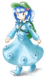 Rule 34 | 1girl, backpack, bag, blue dress, blue eyes, blue hair, blue shirt, blue skirt, blush, boots, commentary request, dress, full body, hair bobbles, hair ornament, hat, kawashiro nitori, key, long sleeves, matching hair/eyes, nitamago, rubber boots, shirt, short hair, skirt, skirt set, smile, solo, touhou, twintails, two side up, white background
