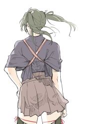 Rule 34 | 10s, 1girl, asakawa (outeq), camouflage, commentary request, cowboy shot, from behind, green hair, hair ribbon, hakama, hakama short skirt, hakama skirt, hand on own hip, japanese clothes, kantai collection, long hair, pleated skirt, ribbon, simple background, skirt, sleeves rolled up, solo, tasuki, twintails, white background, wide sleeves, zuikaku (kancolle), zuikaku kai ni (kancolle)
