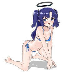 Rule 34 | 1girl, :d, all fours, bare arms, bare legs, bare shoulders, barefoot, bikini, blue archive, blue bikini, blush, breasts, colorized, fried bocky, hair between eyes, hair ornament, halo, highres, looking at viewer, navel, open mouth, purple eyes, purple hair, pussy juice, side-tie bikini bottom, simple background, small breasts, smile, solo, string bikini, sweat, swimsuit, trembling, two side up, wet, white background, yuuka (blue archive)