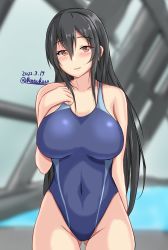 Rule 34 | 1girl, blue one-piece swimsuit, breasts, chikuma (kancolle), collarbone, competition swimsuit, covered navel, cowboy shot, dated, gluteal fold, hair between eyes, hand on own chest, highres, indoors, kantai collection, montemasa, one-piece swimsuit, pool, rei no pool, solo, swimsuit, twitter username, window