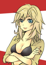 Rule 34 | 1girl, blonde hair, blue eyes, bra, crossed arms, eva (metal gear), lingerie, mayuzumi, metal gear (series), metal gear solid, metal gear solid 3: snake eater, open clothes, open shirt, shirt, sleeves rolled up, smile, solo, underwear