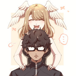 Rule 34 | ..., 1boy, 1girl, :d, black-framed eyewear, black jacket, border, breasts, brown hair, closed eyes, commentary, eunie (xenoblade), glasses, hands on another&#039;s shoulders, head wings, jacket, large breasts, long hair, open mouth, outside border, simple background, smile, spoken ellipsis, symbol-only commentary, taion (xenoblade), teeth, tomi (sooon103), upper teeth only, white border, wings, xenoblade chronicles (series), xenoblade chronicles 3, yellow background