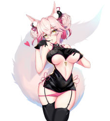 Rule 34 | 1girl, alternate hairstyle, animal ear fluff, animal ears, bare shoulders, black gloves, black thighhighs, breasts, china dress, chinese clothes, collarbone, dress, fate/grand order, fate (series), fox ears, fox tail, glasses, gloves, heart, highres, koyanskaya (chinese lostbelt outfit) (fate), koyanskaya (fate), kuroha (rockluo213), large breasts, looking at viewer, open mouth, panties, pink hair, pink panties, simple background, solo, tail, tamamo (fate), thighhighs, underboob, underwear, white background, yellow eyes
