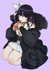 Rule 34 | 1girl, bad id, bad pixiv id, belt, black coat, black hair, breasts, bright pupils, choker, cleavage, coat, dress, drinking, drinking straw, fur collar, hair ribbon, highres, indie virtual youtuber, juice box, kkun88, large breasts, long sleeves, looking at viewer, multicolored hair, off shoulder, pocket, purple background, purple eyes, purple hair, ribbon, ririsya, simple background, sitting, smile, solo, two-tone hair, virtual youtuber, white dress, white pupils, white ribbon