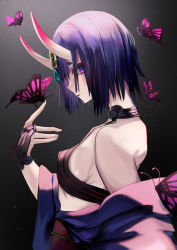 Rule 34 | 1girl, absurdres, bare shoulders, bob cut, breasts, bridal gauntlets, bug, butterfly, eyeliner, fate/grand order, fate (series), headpiece, highres, horns, insect, japanese clothes, kimono, long sleeves, looking at viewer, makeup, obi, off shoulder, oni, purple eyes, purple hair, purple kimono, revealing clothes, revision, san (harutuki 3), sash, short hair, shuten douji (fate), skin-covered horns, small breasts, solo, wide sleeves
