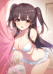 Rule 34 | 1girl, apple caramel, bare arms, bare shoulders, bikini, breast hold, breasts, brown eyes, brown hair, cleavage, collarbone, cowboy shot, curtains, embarrassed, frilled bikini, frills, halterneck, highres, idoly pride, large breasts, long hair, looking at viewer, navel, open mouth, smile, solo, sparkle, stomach, string bikini, suzumura yuu, swimsuit, thighs, two side up, white bikini