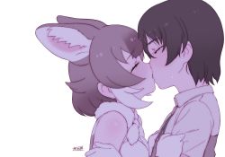 Rule 34 | 1boy, 1girl, animal ears, bare shoulders, captain (kemono friends), clothes grab, commentary, dhole (kemono friends), dog ears, dog girl, extra ears, from side, furrowed brow, gloves, grabbing, hand on another&#039;s arm, height difference, hetero, highres, kemono friends, kemono friends 3, kiss, masuyama ryou, medium hair, multicolored hair, shirt, shirt grab, short hair, sidelocks, sleeveless, sleeveless shirt, sweat, tearing up, upper body