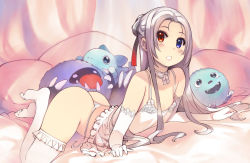 Rule 34 | 1girl, alternate costume, ass, bed, blue eyes, blush, camisole, character doll, commentary request, elbow gloves, flat chest, frilled camisole, frills, full body, gloves, grey hair, heterochromia, highres, ktullanux, lace, lace gloves, long hair, looking at viewer, mil (xration), open mouth, panties, parted bangs, pope (ragnarok online), ragnarok online, red eyes, side-tie panties, siroma, snowier, solo, thighhighs, underwear, untied panties, white camisole, white gloves, white panties, white thighhighs