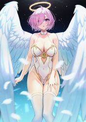 Rule 34 | absurdres, alternate costume, angel wings, bare arms, bare shoulders, blush, breasts, cleavage, covered navel, eyes visible through hair, fate/grand order, fate (series), hair over one eye, halo, highres, large breasts, leotard, looking at viewer, mash kyrielight, parted lips, pink hair, purple eyes, short hair, solar (happymonk), solo, thighhighs, thighs, white leotard, white thighhighs, wings