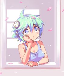 Rule 34 | 1girl, ahoge, alternate costume, azure striker gunvolt, azure striker gunvolt 2, bare shoulders, blue eyes, breasts, cleavage, cougar (cougar1404), green hair, hair ornament, hand on own cheek, hand on own face, open mouth, roro (gunvolt), short hair, solo, wristband