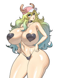 Rule 34 | 1girl, :o, adjusting clothes, adjusting panties, ass, black panties, blonde hair, blue hair, breasts, dragon girl, dragon horns, green eyes, green hair, heart pasties, heterochromia, highres, horns, huge breasts, kobayashi-san chi no maidragon, long hair, looking at viewer, looking to the side, maniacpaint, multicolored hair, open mouth, panties, pasties, lucoa (maidragon), simple background, sketch, solo, thick thighs, thighs, thong, underwear, white background