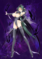 Rule 34 | 1girl, boots, breasts, cleavage, cleavage cutout, clothing cutout, glasses, green hair, highleg, highleg leotard, highres, large breasts, legs, leotard, looking at viewer, pixiv fantasia, pixiv fantasia sword regalia, pointy ears, solo, thigh boots, thighhighs, yagisaka seto, yellow eyes
