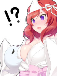 Rule 34 | !?, 10s, 1girl, bad id, bad pixiv id, blush, breasts, cleavage, ghost, hizuki akira, japanese clothes, kimono, large breasts, long sleeves, love live!, love live! school idol festival, love live! school idol project, nishikino maki, open mouth, purple eyes, red hair, revision, short hair, simple background, solo, triangular headpiece, white background