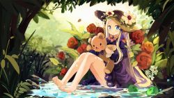 Rule 34 | 1girl, abigail williams (fate), apple, barefoot, black bow, blonde hair, blue eyes, blush, bow, commentary, coria, dress, fate/grand order, fate (series), feet, flower, food, fruit, hair bow, hat, highres, in water, long hair, long sleeves, looking at viewer, orange bow, parted bangs, red flower, rose, sitting, sleeves past wrists, solo, stuffed animal, stuffed toy, teddy bear, very long hair, water, yellow theme