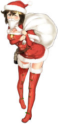 Rule 34 | 1girl, bell, brown eyes, brown hair, capelet, fake facial hair, fake mustache, fur trim, hat, hiryuu (kancolle), jewelry, kantai collection, long sleeves, one eye closed, poco (backboa), pom pom (clothes), ring, santa costume, santa hat, short hair, signature, simple background, solo, wedding band, white background