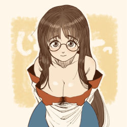 Rule 34 | 1girl, arc the lad, arc the lad ii, bare shoulders, breasts, brown eyes, brown hair, cleavage, closed mouth, commentary request, dress, glasses, large breasts, lieza (arc the lad), long hair, looking at viewer, marusa (marugorikun), solo, very long hair