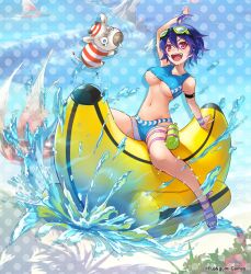 1girl :d ahoge arm_support arm_up banana_innertube bikini blue_bikini blue_hair breasts da-kuro full_body goggles goggles_on_head hair_between_eyes holster innertube looking_at_viewer navel ocean official_alternate_costume official_art open_mouth outdoors phantom_of_the_kill second-party_source short_hair smile solo swim_ring swimsuit teeth trishula_(phantom_of_the_kill) underboob upper_teeth_only yellow_innertube