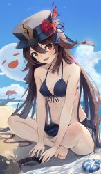 Rule 34 | 1girl, bare arms, barefoot, bikini, black bikini, blue sky, blush, breasts, brown hair, cloud, cloudy sky, collarbone, flower, flower-shaped pupils, front-tie top, genshin impact, hair between eyes, hair flower, hair ornament, halterneck, hand on floor, hat, hat flower, highres, hu tao (genshin impact), indian style, long hair, looking at viewer, may9, navel, ocean, open mouth, pleated skirt, porkpie hat, red eyes, sand, seashell, shell, sidelocks, signature, sitting, skirt, sky, small breasts, smile, solo, swimsuit, symbol-shaped pupils, tassel, toes, tree