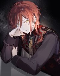 Rule 34 | 1boy, black background, black shirt, blush, brown feathers, closed mouth, ensemble stars!, feather necklace, feathers, head rest, highres, jewelry, long sleeves, looking at viewer, male focus, mmi 4, multicolored hair, necklace, red hair, red vest, sakasaki natsume, shirt, smile, solo, vest, white hair, yellow eyes