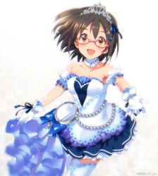 Rule 34 | 10s, 1girl, black hair, blurry, breasts, brown eyes, chromatic aberration, cleavage, depth of field, frilled skirt, frills, glasses, idolmaster, idolmaster cinderella girls, idolmaster cinderella girls starlight stage, kamijo haruna, looking at viewer, mizuki makoto, open mouth, short hair, skirt, smile, solo, tiara