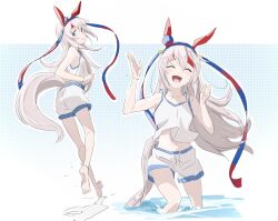 Rule 34 | 1girl, alternate costume, animal ears, barefoot, blue eyes, blue hairband, breasts, closed eyes, closed mouth, ear covers, full body, grey hair, hair between eyes, hairband, headband, highres, horse ears, horse girl, horse tail, long hair, midriff, navel, open mouth, partially submerged, shima aji, shorts, small breasts, smile, solo, striped headband, tail, tamamo cross (umamusume), tank top, thigh strap, umamusume, very long hair, water, wet, white shorts, white tank top