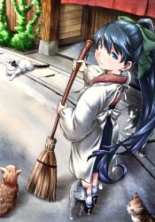 Rule 34 | 10s, 1girl, animal, apron, blue eyes, blue hair, broom, cat, from above, hair between eyes, hakama, hakama skirt, high ponytail, houshou (kancolle), japanese clothes, kantai collection, kappougi, light smile, lips, long hair, looking at viewer, md5 mismatch, outdoors, perspective, plant, ponytail, resolution mismatch, road, skirt, solo, source larger, standing, street, sweeping, wooden wall, yuzu momo