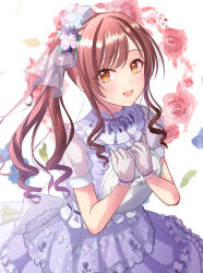 Rule 34 | 1girl, absurdres, berry, blue flower, blush, bow, breasts, brown hair, citrusmikan, dress, dress bow, falling petals, floral background, floral print, flower, frilled dress, frills, fur-trimmed sleeves, fur trim, gloves, hair flower, hair ornament, hair ribbon, highres, holding, holding tray, idolmaster, idolmaster shiny colors, leaf, long hair, looking at viewer, medium breasts, open mouth, osaki amana, petals, pink flower, polka dot, polka dot dress, polka dot ribbon, print dress, purple dress, purple flower, red flower, red rose, ribbon, rose, see-through, see-through sleeves, short sleeves, smile, solo, swept bangs, tray, upper body, white background, white gloves, yellow eyes