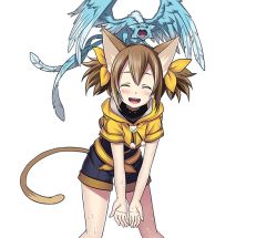 Rule 34 | 1girl, animal ears, brown hair, cat ears, cat tail, closed eyes, dragon on head, hair between eyes, hair ribbon, leaning forward, long hair, mini dragon, multiple tails, open mouth, pina (sao), ribbon, short twintails, silica, silica (sao-alo), smile, solo, standing, sword art online, tail, transparent background, twintails, two tails, water, yellow ribbon
