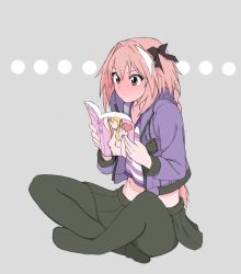 Rule 34 | ..., 1boy, 1girl, astolfo (fate), astolfo (memories at trifas) (fate), black bow, black pantyhose, black skirt, blonde hair, blush, book, bow, braid, breasts, closed mouth, commentary request, content rating, drawstring, embarrassed, fate (series), full-face blush, full body, grey background, hair bow, heart, highres, holding, holding book, indian style, jacket, kashiwa (iersansi), long hair, long sleeves, looking at book, magazine (object), male focus, medium breasts, midriff, multicolored hair, navel, no shoes, official alternate costume, open clothes, open jacket, pantyhose, pink hair, pleated skirt, pom pom (clothes), pornography, purple eyes, purple jacket, reading, shirt, simple background, single braid, sitting, skirt, solo, streaked hair, striped clothes, striped shirt, sweatdrop, tareme, trap, v-shaped eyebrows, very long hair, white hair