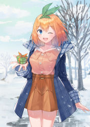 Rule 34 | 1girl, ;d, absurdres, akitsuki (oenothera), bare tree, belt, blue eyes, blue jacket, blue sky, blush, bow, box, breasts, brown shirt, brown skirt, cloud, collarbone, commentary request, cowboy shot, day, gift, gift box, go-toubun no hanayome, green hairband, green ribbon, hairband, highres, holding, holding gift, jacket, large breasts, looking at viewer, nakano yotsuba, o-ring, o-ring belt, one eye closed, open mouth, orange hair, plaid, plaid jacket, ribbon, shirt, short hair, skirt, sky, smile, snow, snowflakes, snowing, solo, standing, tree, white bow