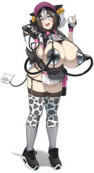 Rule 34 | 1girl, :d, absurdres, animal ears, animal print, aqua eyes, black hair, blush, breastless clothes, breasts, cow ears, cow girl, cow girl (konoshige), cow print, cow tail, cropped shirt, cup, ear tag, fanny pack, fingerless gloves, full body, garter straps, gloves, highres, holding, holding cup, huge breasts, konoshige (ryuun), milking machine, multicolored hair, open mouth, original, pelvic curtain, price tag, shoes, short hair, simple background, skindentation, smile, sneakers, solo, tail, thick eyebrows, thighhighs, thighs, two-tone hair, visor cap, white background, white hair
