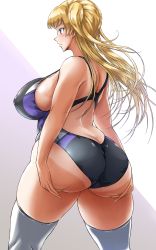 Rule 34 | 1girl, arm support, ass, bare shoulders, blonde hair, blue eyes, breasts, butt crack, commentary request, competition swimsuit, covered erect nipples, curvy, from behind, highres, huge ass, large breasts, long hair, one-piece swimsuit, original, pink background, plump, shiina nami, sideboob, solo, swimsuit, tan, tanline, thick thighs, thighhighs, thighs, twintails, white background, white thighhighs