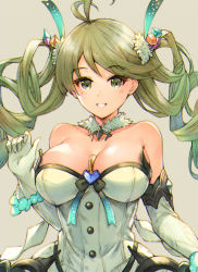 Rule 34 | 1girl, ahoge, bad id, bad pixiv id, bare shoulders, between breasts, blush, breasts, cleavage, coin, commentary, commentary request, de la fille, detached collar, dress, drill hair, elbow gloves, gloves, gold coin, granblue fantasy, green eyes, green hair, grey background, hair ornament, hand up, highres, koretsuki azuma, looking at viewer, medium breasts, parted lips, simple background, smile, strapless, strapless dress, swept bangs, twintails, upper body