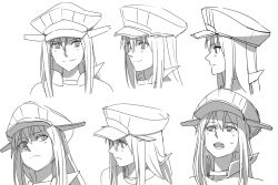 Rule 34 | 10s, 1girl, bismarck (kancolle), expressions, greyscale, hat, kantai collection, kinosuke (sositeimanoga), long hair, monochrome, multiple views, open mouth, peaked cap, simple background, sweat, white background