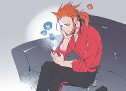 Rule 34 | 1boy, augustine sycamore, bad id, bad pixiv id, black pants, closed mouth, collared shirt, commentary request, couch, creatures (company), crossed legs, facial hair, game freak, heart, holding, hologram, kusuribe, lysandre (pokemon), male focus, nintendo, orange hair, pants, pokemon, pokemon xy, red shirt, shirt, signature, sitting, sketch, sleeves rolled up, solo, spoken heart, yaoi