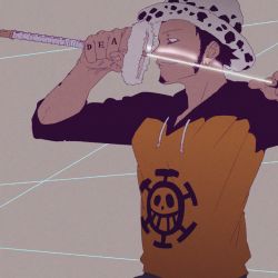Rule 34 | 1boy, drawing sword, grin, hands up, hat, holding, holding sword, holding weapon, hood, hood down, hoodie, male focus, obobkkp, one piece, sleeves rolled up, smile, solo, sword, trafalgar law, weapon