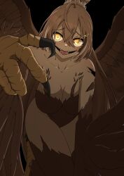 Rule 34 | 1girl, ahoge, bird girl, bird wings, black background, breasts, brown hair, cleavage, crossed bangs, double-parted bangs, feather hair ornament, feathers, hair between eyes, hair ornament, hairclip, harpy, highres, hololive, hololive english, long hair, looking at viewer, medium breasts, monster girl, multicolored hair, nanashi mumei, official alternate costume, ponytail, sayo0692, sharp teeth, streaked hair, talons, teeth, very long hair, virtual youtuber, wings, yellow eyes