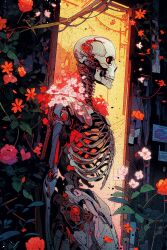 Rule 34 | absurdres, black sclera, colored sclera, commentary, doorway, english commentary, exposed brain, flower, flower on shoulder, from side, highres, indoors, kenva, leaf, mechanical arms, no humans, original, poster (object), red eyes, red flower, red rose, rose, shadow, skeleton, solo, teeth, white flower