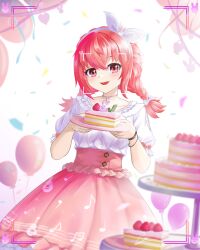 Rule 34 | 1girl, absurdres, balloon, bow, bowtie, cake, cake slice, food, fruit, hibiki du ca, highres, hitatsuphat, holding, holding plate, looking at viewer, nijigen project, pink hair, pink skirt, plate, ponytail, red eyes, shirt, skirt, smile, strawberry, vietnamese commentary, viewfinder, virtual youtuber, white bow, white bowtie, white shirt