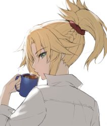 Rule 34 | 1girl, braid, coffee, coffee mug, commentary request, cup, face, fate/grand order, fate (series), from behind, green eyes, hair ornament, hair scrunchie, highres, holding, long hair, mordred (fate), mordred (fate/apocrypha), mug, ponytail, red scrunchie, scrunchie, shirt, simple background, solo, steam, tonee, white background, white shirt