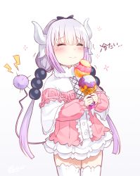 Rule 34 | 10s, 1girl, absurdres, blunt bangs, blush, capelet, child, closed eyes, dragon girl, dragon horns, dragon tail, dress, eating, food, gradient background, hairband, highres, holding, holding food, horns, ice cream, kanna kamui, kobayashi-san chi no maidragon, long hair, looking at viewer, shirosaba47, signature, silver hair, simple background, solo, standing, tail, tears, thighhighs, twintails, white thighhighs, zettai ryouiki