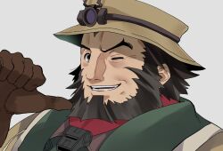 Rule 34 | 1boy, beard, brown hat, facial hair, gloves, habolg (made in abyss), hat, highres, made in abyss, male focus, mature male, one eye closed, pointing, pointing at self, short hair, smile, solo, thick eyebrows, upper body, usuki (usukine1go), whistle, whistle around neck, wrinkled skin