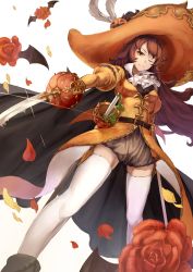 Rule 34 | 10s, 1girl, ange (granblue fantasy), bat wings, brown hair, capelet, flower, from below, granblue fantasy, halloween, hat, highres, jack-o&#039;-lantern, kaito nina, long hair, one eye closed, pants, petals, rapier, rose, solo, sword, thighhighs, weapon, white thighhighs, wings, zettai ryouiki
