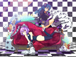 Rule 34 | 2girls, animal ears, blue hair, breasts, cosmic break, couch, dice, female focus, gloves, high heels, mask, multiple girls, patty lop, pillow, purple hair, rabbit ears, red eyes, renny lop, shoes, thighhighs, tsukinami kousuke, yellow eyes