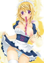 Rule 34 | 10s, 1girl, alternate costume, apron, bad id, bad pixiv id, blonde hair, bow, bow panties, breasts, charlotte dunois, clothes lift, clothes pull, dress, dress lift, dress pull, enmaided, frills, highres, infinite stratos, long hair, maid, maid apron, maid headdress, mouth hold, nipples, no bra, panties, polka dot, pulling own clothes, purple eyes, ribbon, sage joh, solo, striped clothes, striped panties, thighhighs, underwear, white thighhighs